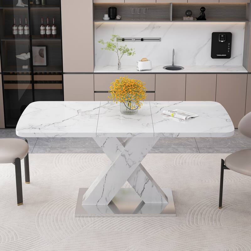 Modern Square Dining Table, Stretchable, with X-Shape Table Leg with Metal Base