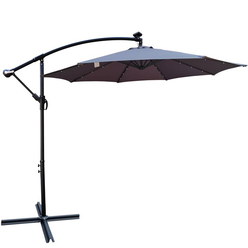 Outdoor Patio Umbrella Solar Powered LED Lighted Sun Shade Market Waterproof 8 Ribs Umbrella with Crank and Cross Base