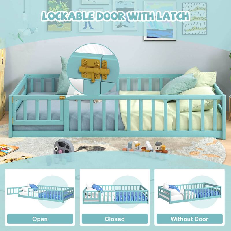 Costway Twin Size Floor Bed with Door & Fence with Safety Guardrails &