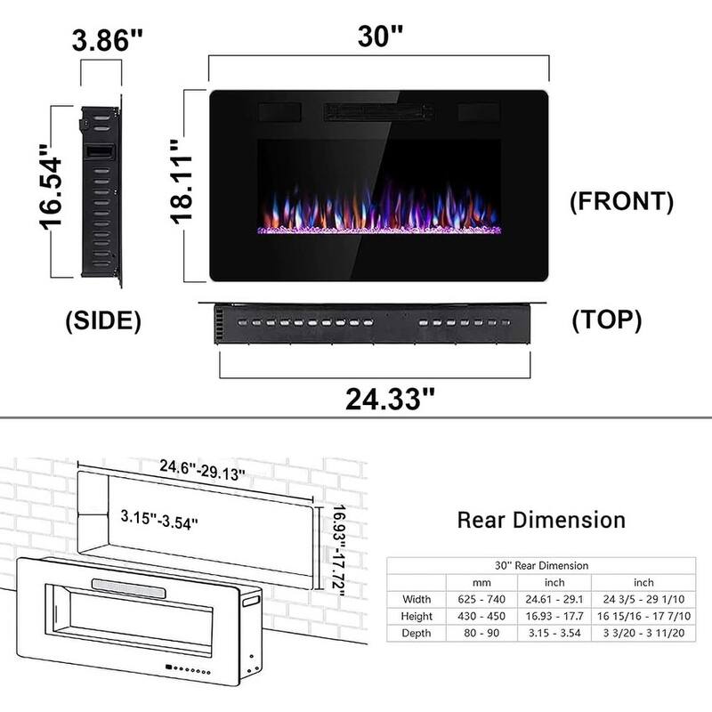 Electric Fireplace Heater Recessed Wall-mounted w/ RC (750-1500W) - 30 INCH-NEW