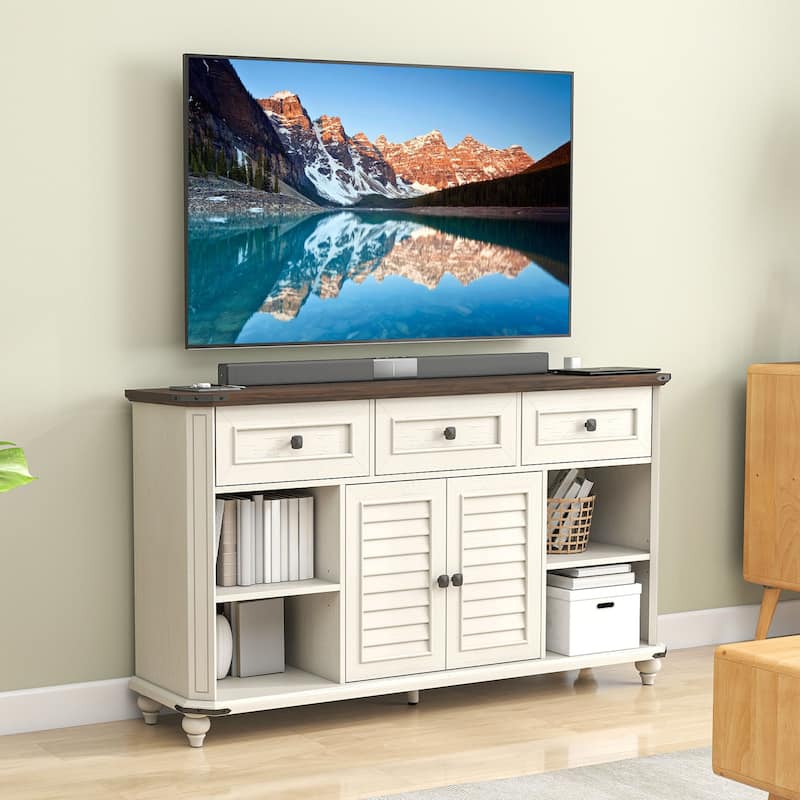 Moasis Farmhouse 59" TV Stand Media Console w/Shelves, Antique Entertainment Center with 3 Drawers - Antique White