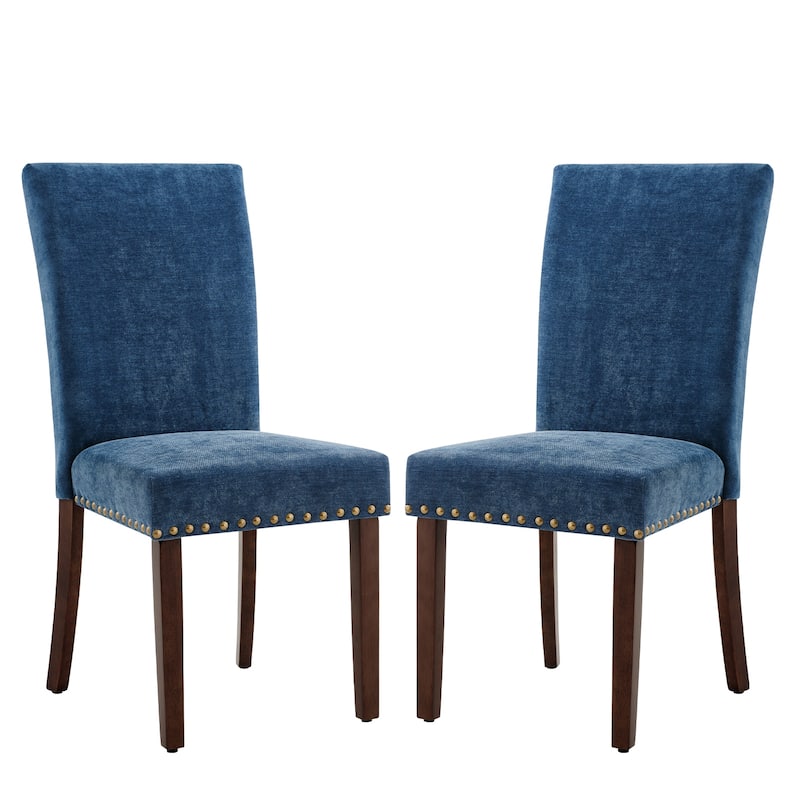 Upholstered Parsons Dining Chairs Set of 2/4/6, Fabric Dining Room Kitchen Side Chair with Nailhead Trim and Wood Legs - Set of 2 - F-DarkBlue