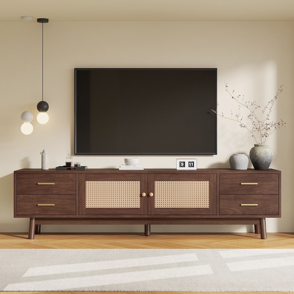 70" Modern TV Stand with Rattan Doors and 4 Drawers for TVs up to 80 in - 8' x 10'