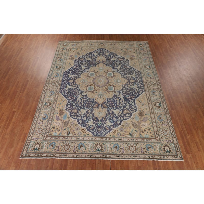 Blue Tabriz Persian Vintage Area Rug Hand-Knotted Wool Carpet - 9'11" x 13'2"