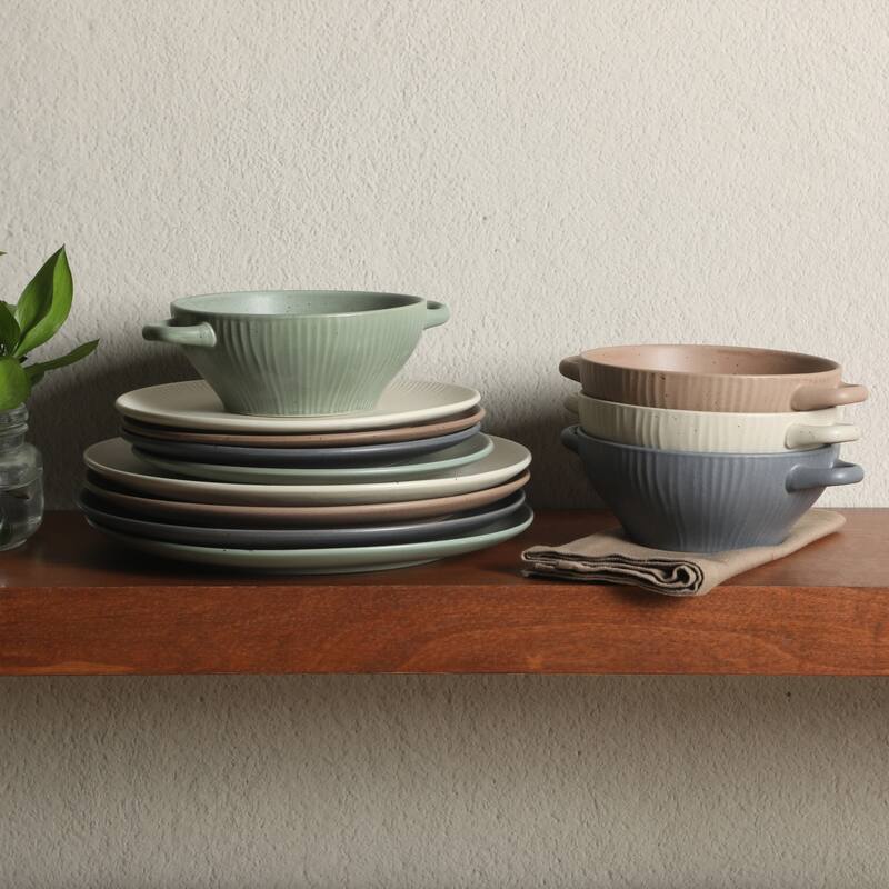 Gibson Elite Clover Hill 12-Piece Stoneware Dinnerware Set - Embossed Reactive Glaze - Service for 4