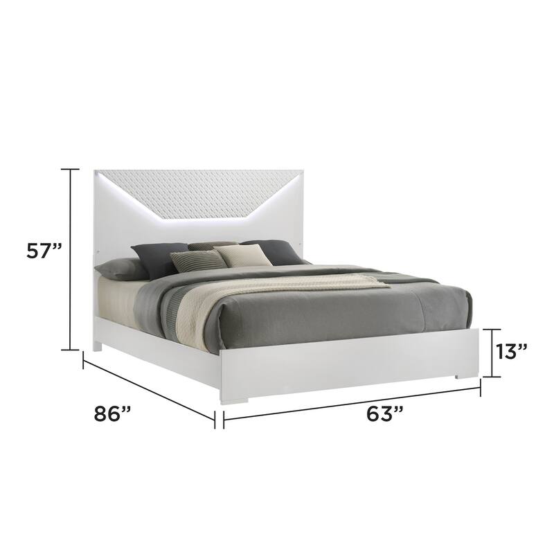 Blanca Modern Style Queen Bed Made with LED Headboard & Wood in White - White