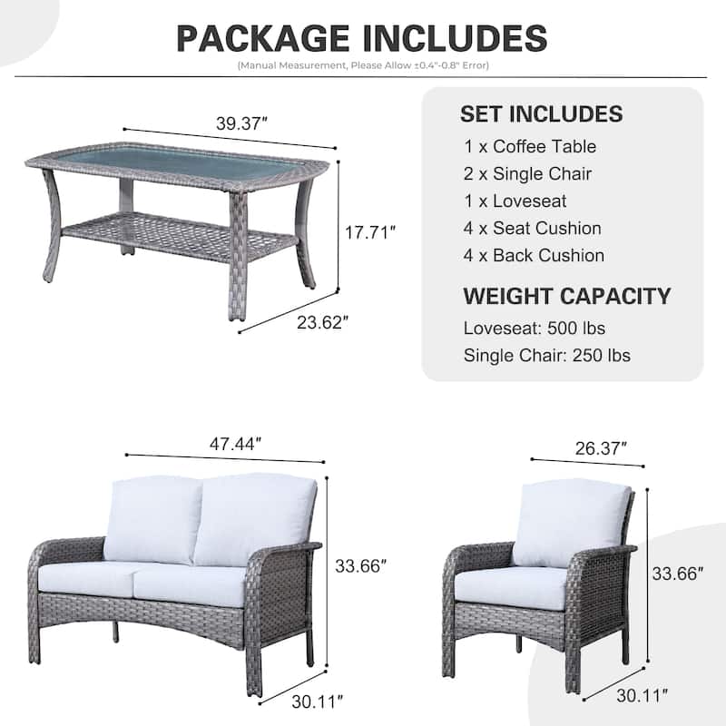 HOOOWOOO 4-piece Wicker Outdoor Conversation Set with Glass Coffee Table