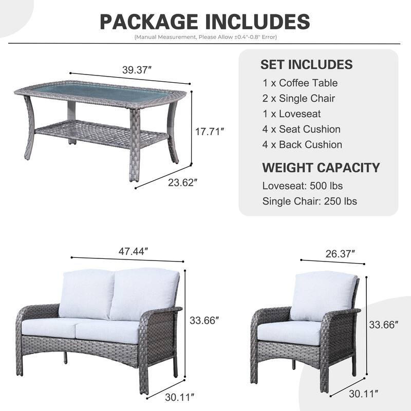 HOOOWOOO 4-piece Wicker Outdoor Conversation Sofa Set with Glass Coffee Table
