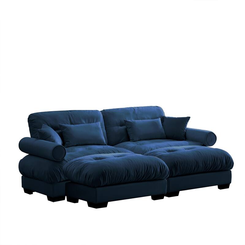 93.7" Oversized Velvet 2-Seater Sofa with Ottoman, Round Bolster Armrests, and Included Pillows