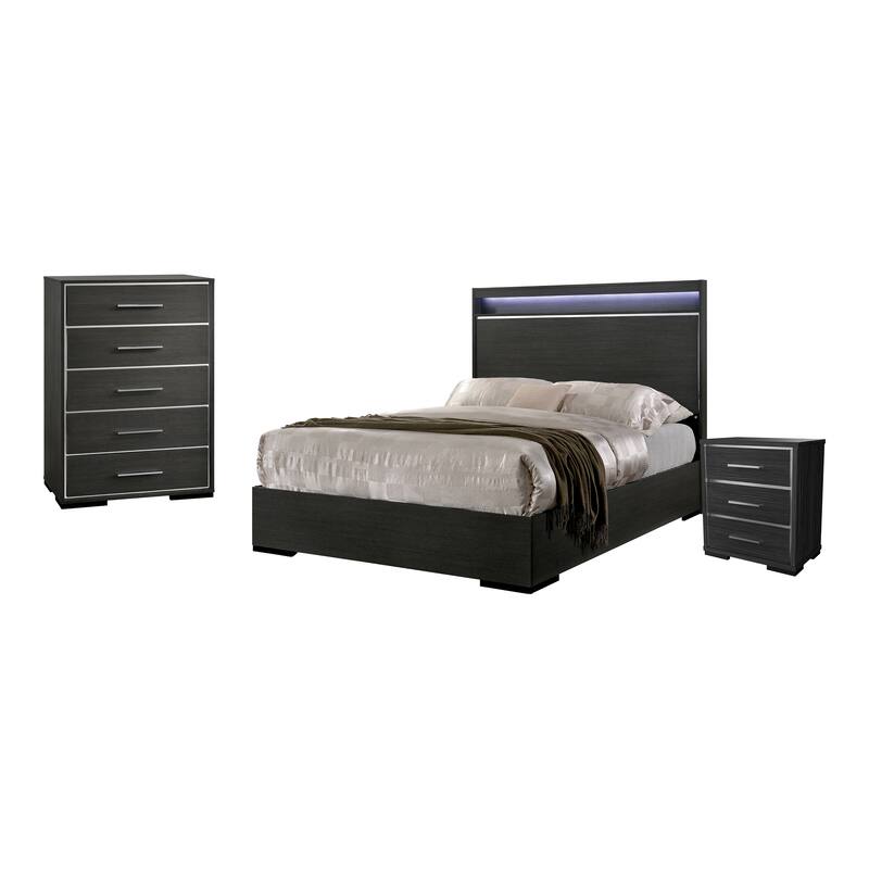 Furniture of America Kastela Contemporary Grey 3-Piece Panel Bed, Nightstand and Chest Set with LED and USB Ports