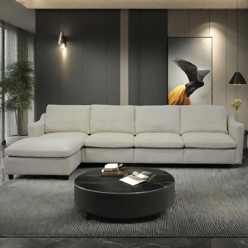 4-Seater Modern Beige Fabric Modular Sofa with Ottoman, Armrest Pockets and 4 Pillows