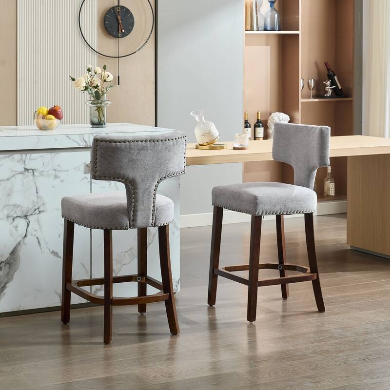 Counter Height Bar Stools Set of 2, Farmhouse Linen Fabric Upholstered Accent Chair Curved Backrest with Copper Nails around
