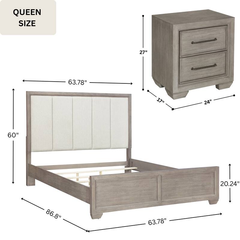 Roundhill Furniture Ennesley 3-Piece Gray Wood Bedroom Set, Upholstered Panel Bed and 2 Nightstands
