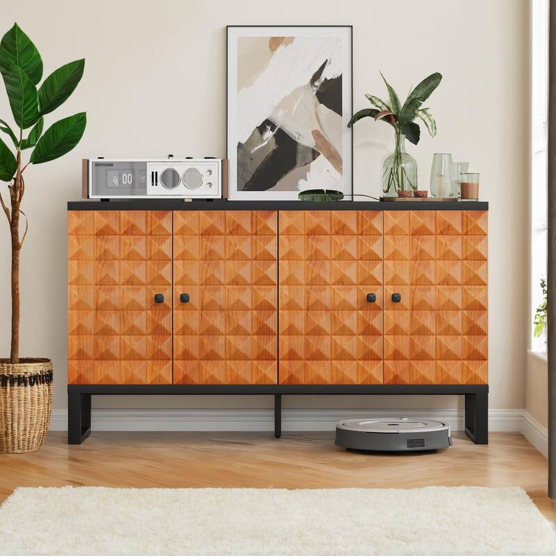 Four Door Sideboard Buffet Cabinet Accent Cabinet with Geometric Patterns, Wooden Storage Cabinet TV Console Table