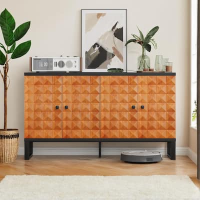 Modern 4 Door Wooden Buffet Cabinet with Metal Legs and Geometric Patterns