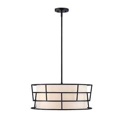 Aria Falls 60 Watt 3-Light Matte Black Drum Pendant with Fabric Shade and Metal Outer Cage - 9.25