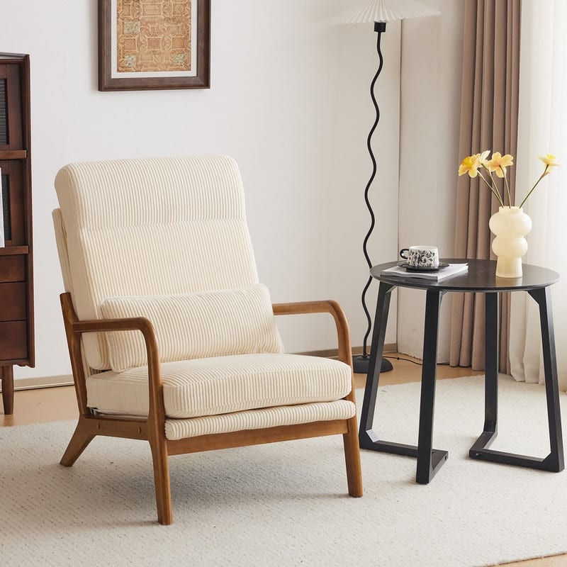 High Back Solid Wood Armrest Backrest Leisure Chair Accent Chair - Beige-Corduroy