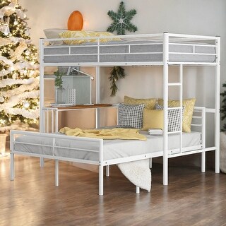 Twin Over Full Metal Bunk Bed with Desk, Ladder, White