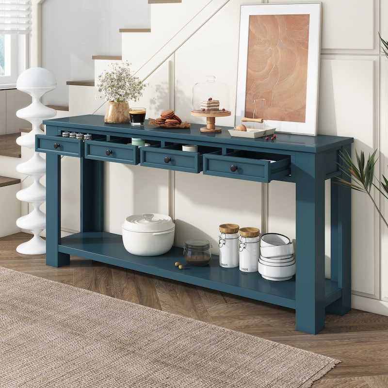 Rustic Dark Blue Console Table Entry Hallway Table, 63" Wood Rectangular Sofa Side Table with 4 Storage Drawers and Bottom Shelf - Dark Blue