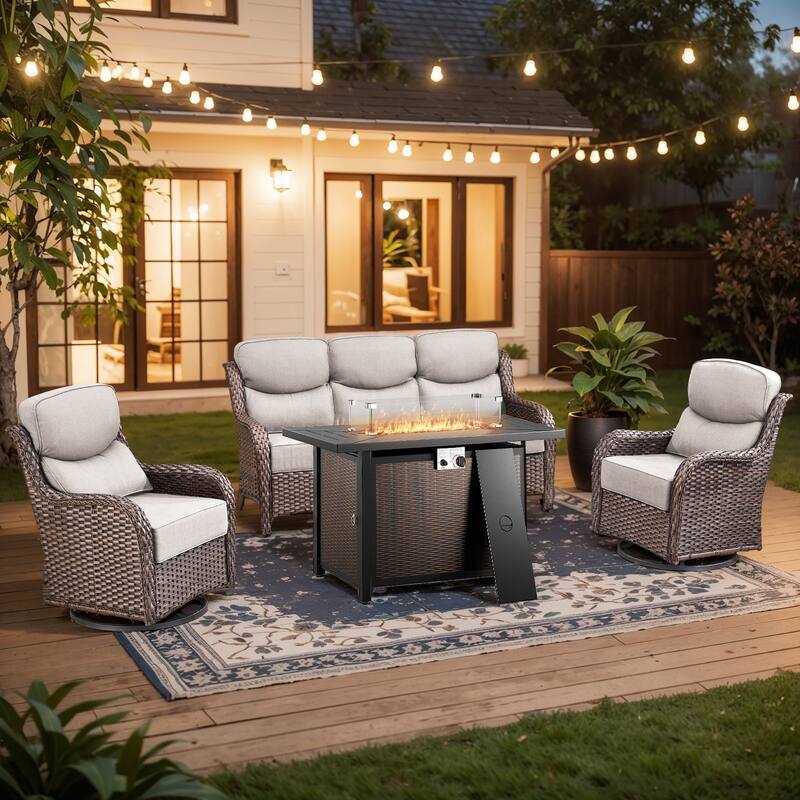 Pocassy Patio Sofa Swivel Chairs w/ 43in Fire Pit Table Set - Beige Cushion Brown Wicker - 4-Piece Sofa Siwvel Chair w/ Fire Pit Table