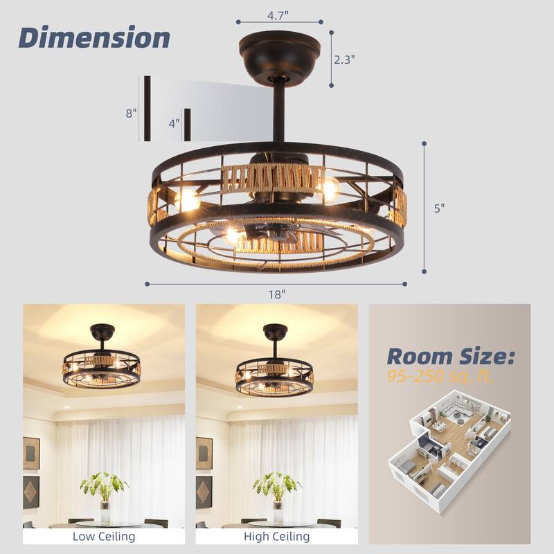 18 in. Indoor Caged Ceiling Fan with Lights, Reversible DC Motor and Remote Control for Small Bedroom
