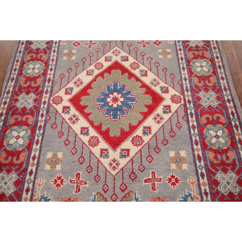 Gray Geometric Kazak Foyer Rug Hand-Knotted Hallway Wool Carpet - 3'3" x 4'4"