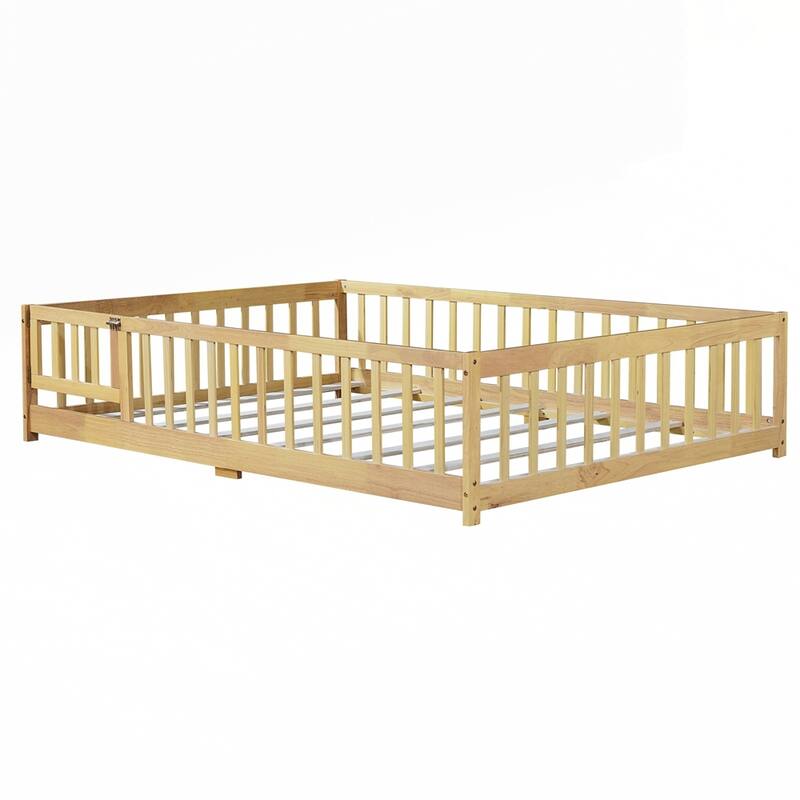 Rubber Wood Floor Bed with Safety Guardrails