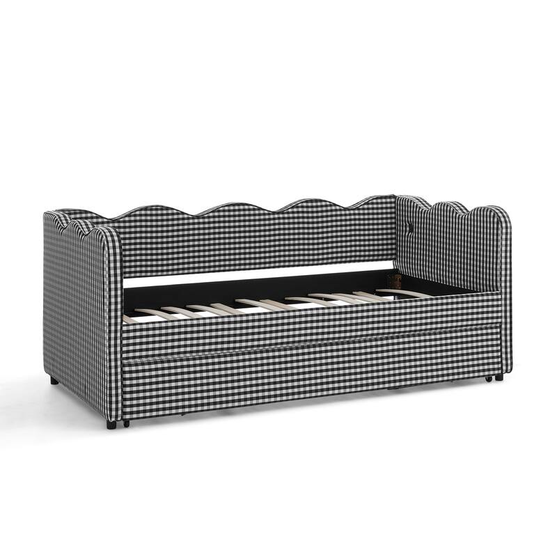 Twin Size Gingham Daybed Upholstered Sofa Bed with Trundle, Wave Shaped Armrest & Backrest, USB Port, No Box Spring Needed