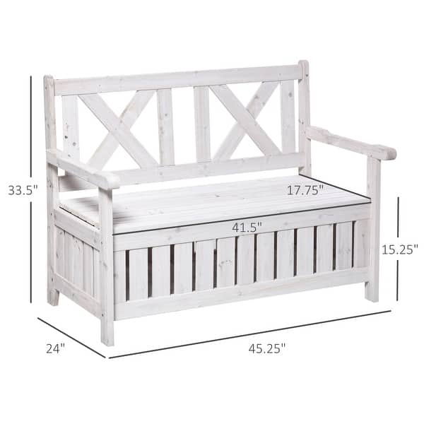 dimension image slide 1 of 2, Cream White Rustic Solid Fir Wood Storage Boxes with Bench and 4 Wooden Legs for Porch Deck Garden and Balcony