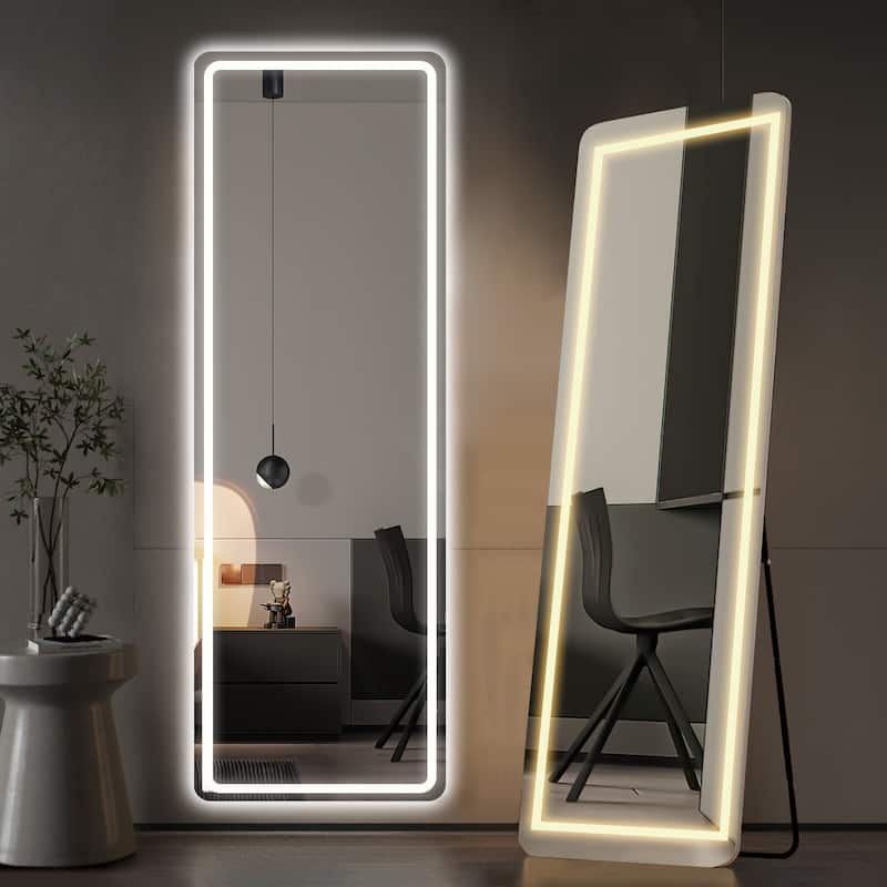 Rectangle Aluminum Alloy Frame Full Length Mirror with Stand & Dimmable 3-Color Lighting for Bedroom Cloakroom