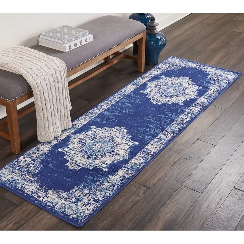 Nourison Grafix Distressed Vintage Medallion Area Rug - 2'3" x 7'6" Runner - Navy Blue