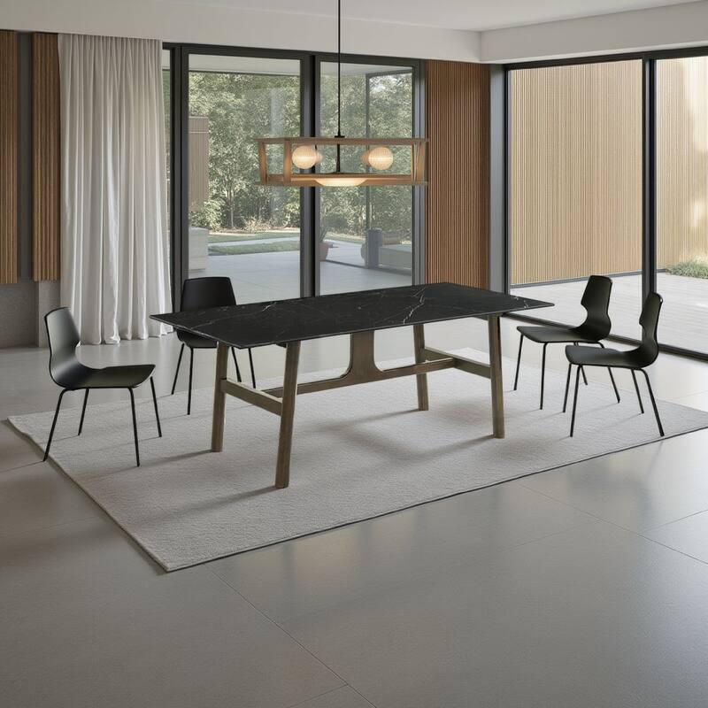 Eny Dining Table, 71 Inch Ceramic Rectangular Top, Walnut Brown Wood - Black, Walnut Brown
