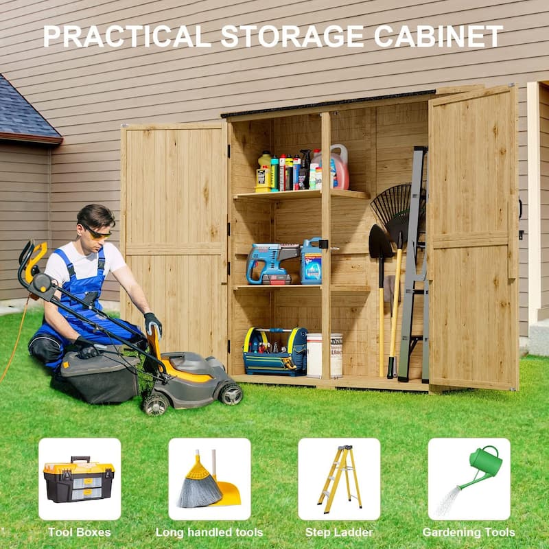 Outdoor Storage Cabinet with Waterproof Roof, Double Lockable Doors Garden Shed with 2 Removable Shelves