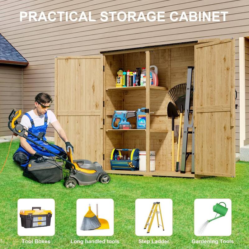 Outdoor Storage Cabinet with 3 Shelves, Wooden Garden Shed with Waterproof Roof