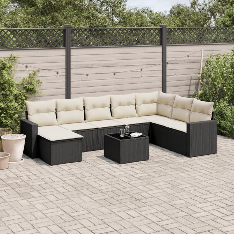 vidaXL Garden Sofa Set Black Poly Rattan Large Modular Garden Sofa Set - 21.7 x 21.7 x 14.6 in (W x L x H) - Black and Cream With table