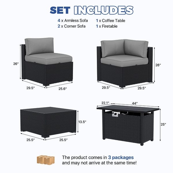 dimension image slide 4 of 12, AOXUN Fire Pit Conversation Set Rattan Sofa Set Outdoor Furniture With Cushions