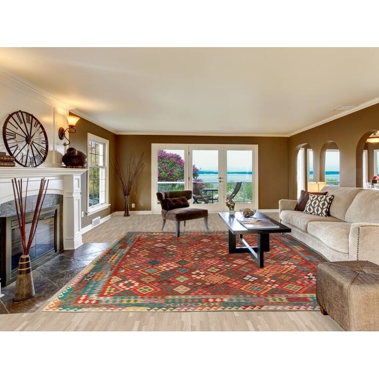 Reversible Kilim Oriental Area Rug Flatweave Dining Room Wool Carpet - 9'10"x 13'0"