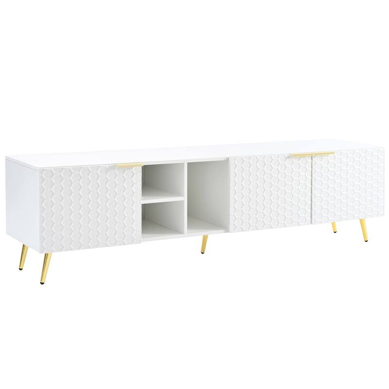 71" Minimalist TV Cabinet with Geometric Honeycomb Pattern - Gold Accents, Cable Management, Storage
