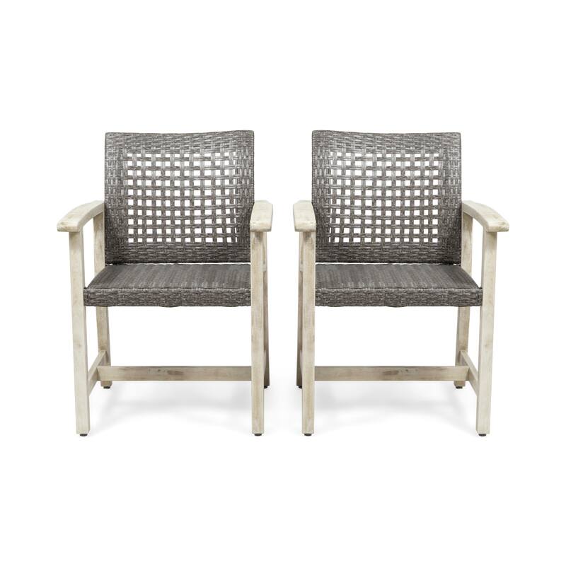2pc Hampton Dining Chair Set Black Grey Velvet Acacia Wood Wicker Outdoor Patio 33in