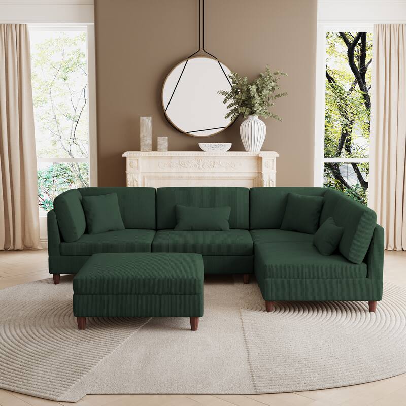 Corduroy Convertible Couch Modular Sectional Sofa with Ottoman