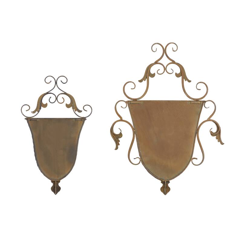 Brown Metal Indoor Outdoor Hanging Vintage Scroll Indoor Outdoor Wall Planter with Vine Accents (Set of 2)