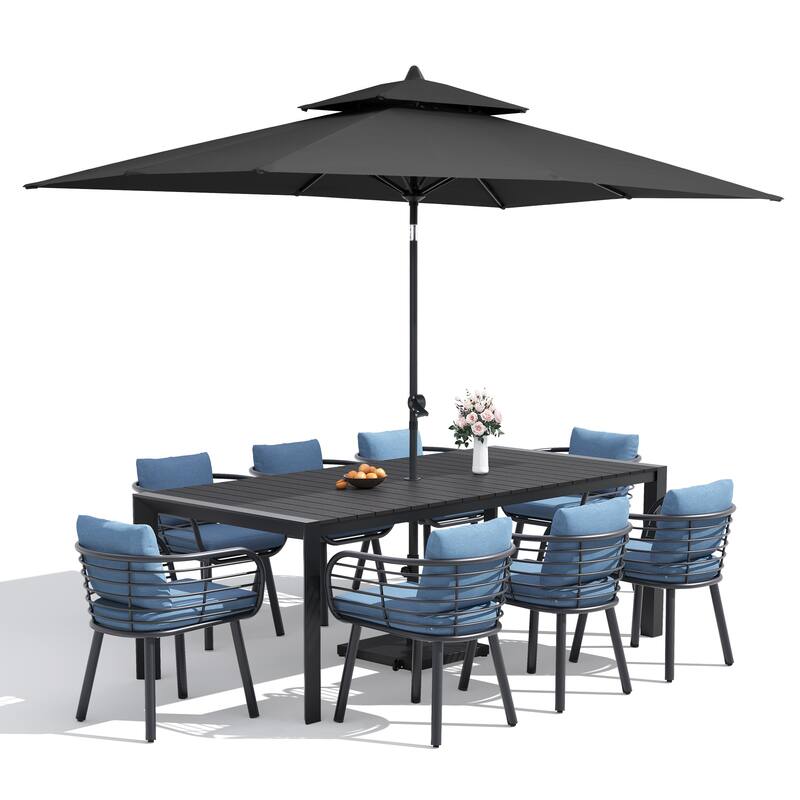 9/11-Piece Outdoor Dining Set w/10 ft Umbrella and Base Aluminum Dining Table and Chairs with Sunbrella Cushions