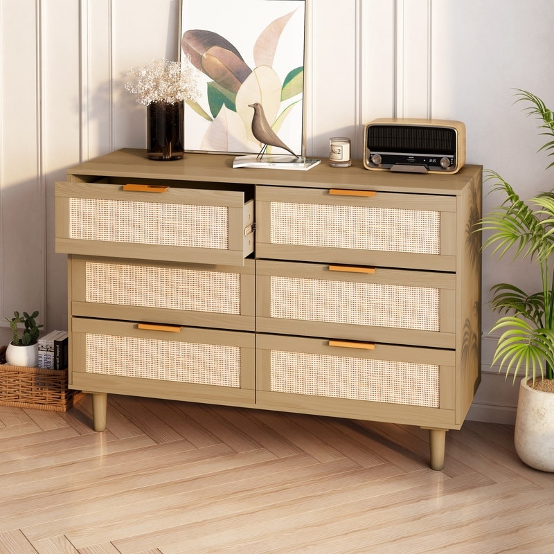 6-Drawer Natural Rattan Dresser for Bedroom & Living Room