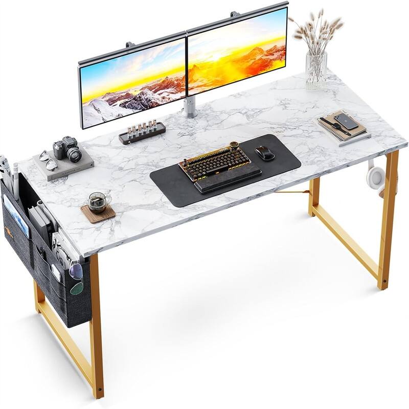 Computer Writing Desk 48 inch - White Marble + Gold Leg