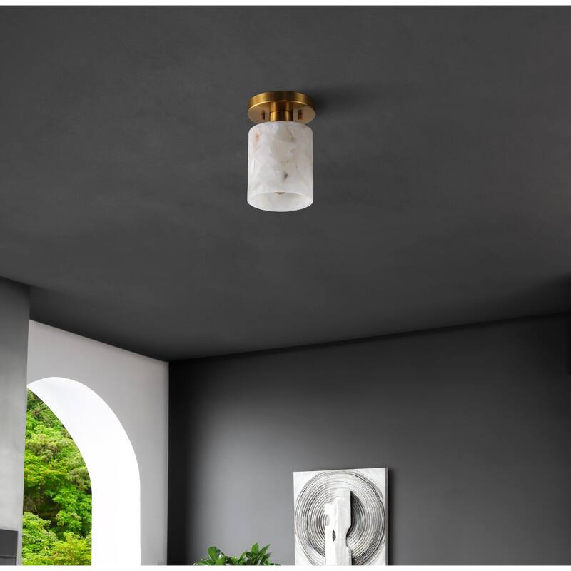 Hadley 5.13" 1-Light Modern Contemporary Alabaster/Iron Cylinder LED Semi Flush Mount, White Marbling/Brass Gold by JONATHAN Y
