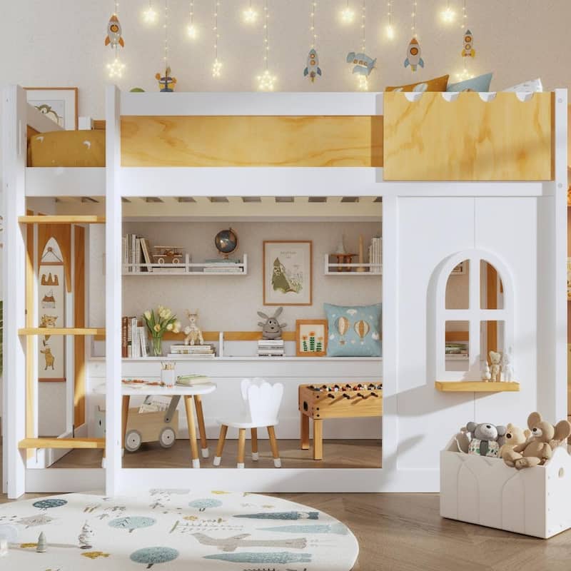 Loft Bunk Bed with Storage Shelves, Window and Two Doors by Harper&Bright Designs