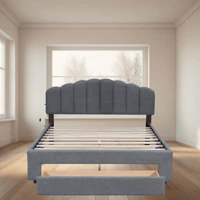 Teddy Fleece Queen Size Upholstered Platform Bed Frame with Storage Drawer and LED Lights, Headboard with USB Ports for Bedroom