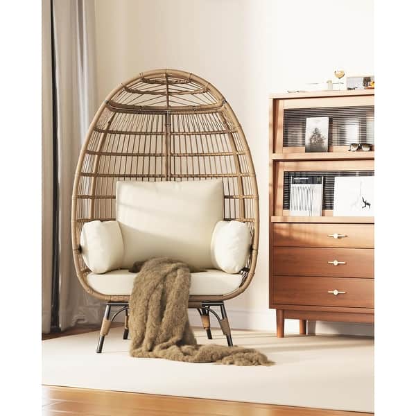 Oversize Wicker Egg Chair Outdoor with Steel Frame, Egg Basket Lounge Chair  with Cushions