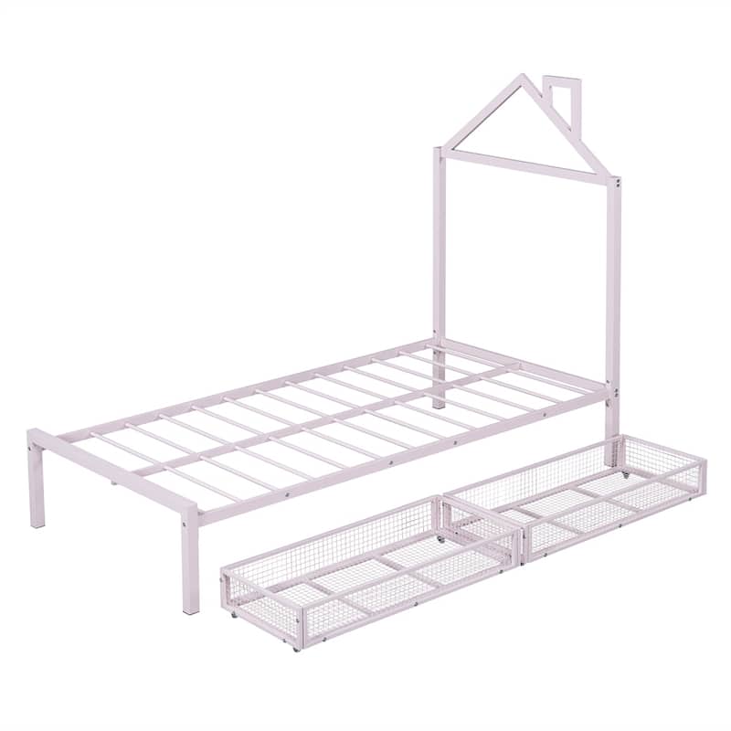 Twin Size House Shaped Metal Platform Bed with Drawers