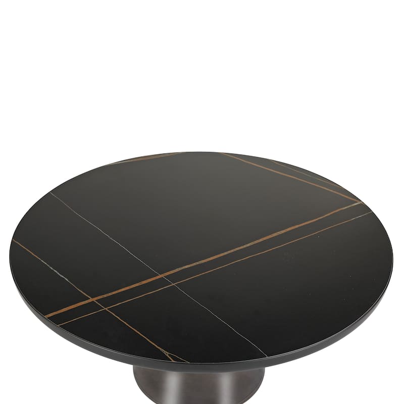 30-Inch Round Coffee Table Glass/Stone Tabletop with Black Iron Rim Frame Glass Pedestal Base